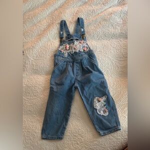 Vintage lace appliqué girls denim overalls